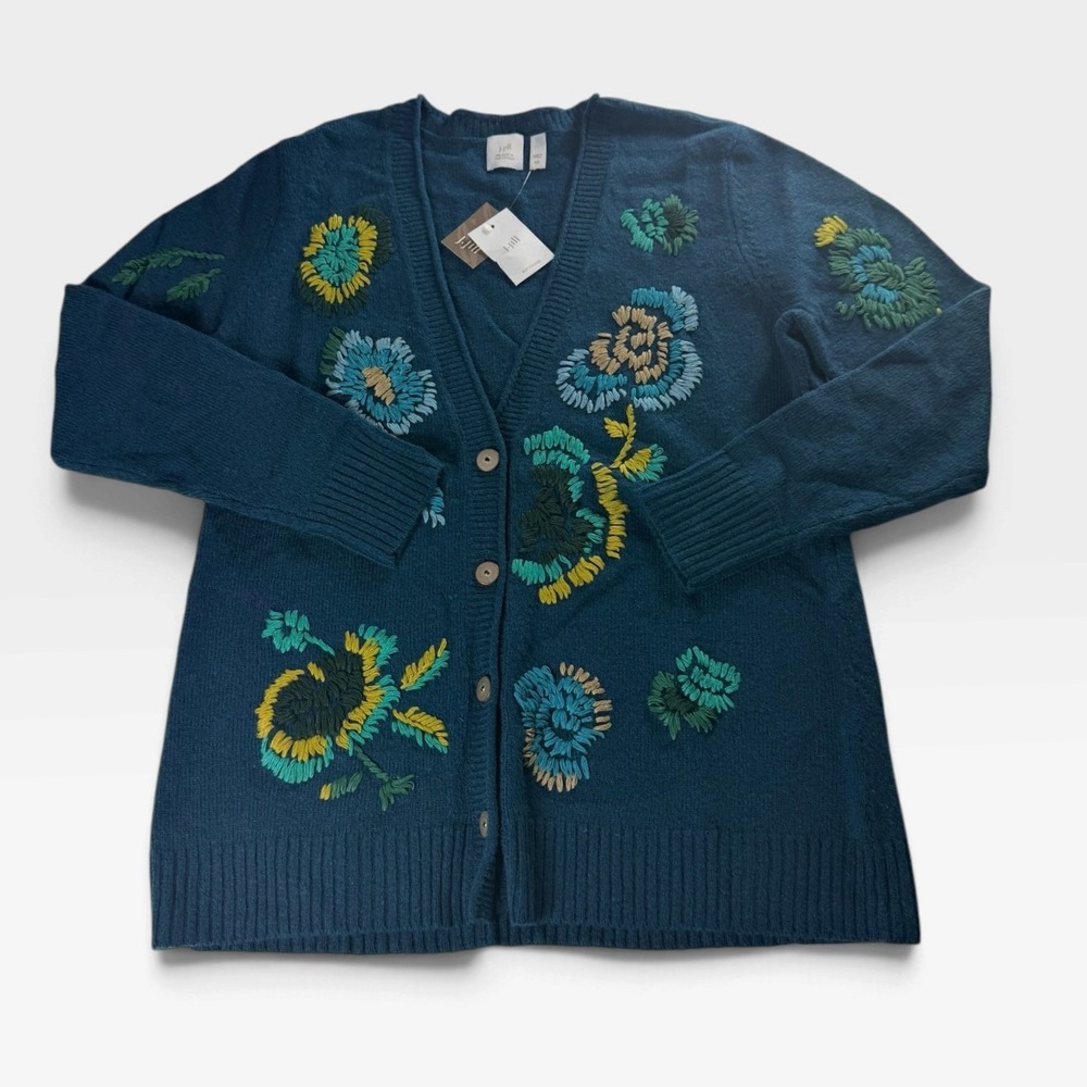 J. Jill Cardigan Floral Embroidered Womens M Peacock Blue Wool Blend NWT